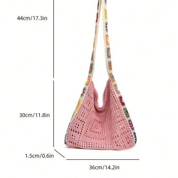 Pink Vacation Women's Hollow Knitted Contrast Color Flower Crossbody Bag - Picture 7 of 7